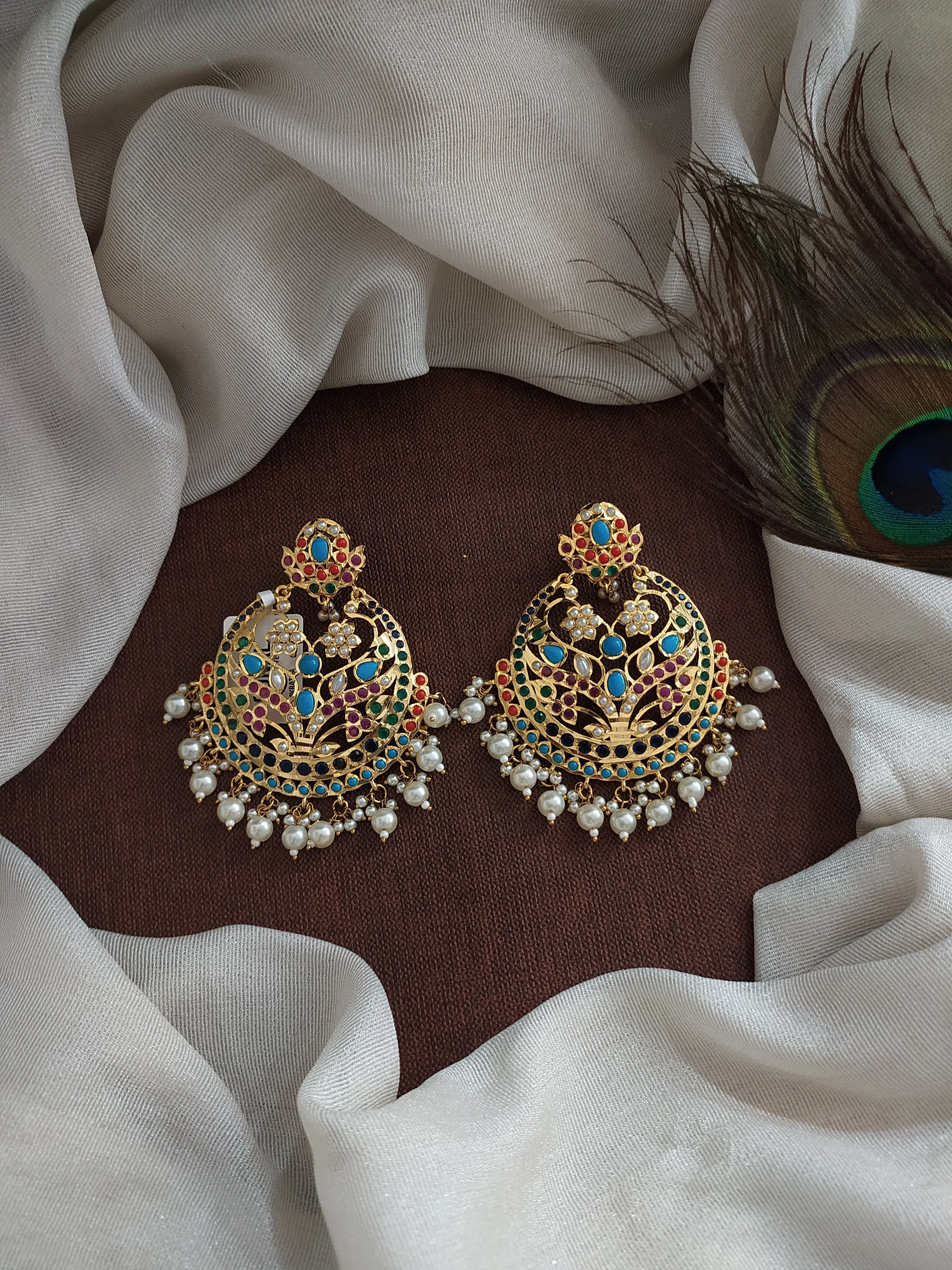 Gold-plated Nizami Chandbali Earrings in Navaratna, Ruby, and Pearls