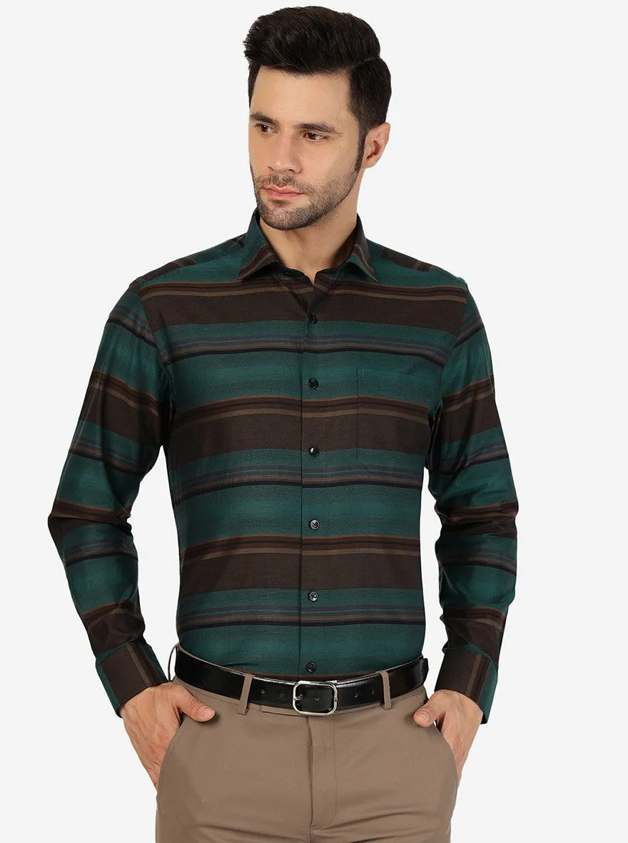 Green & Brown Striped Slim Fit Formal Shirt | Metal