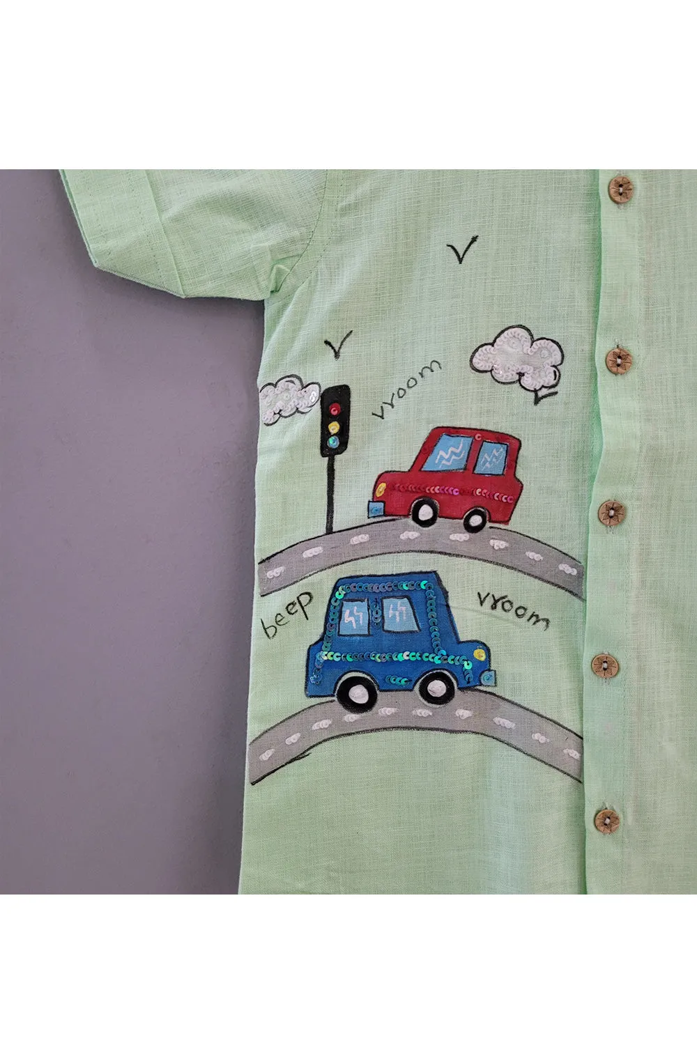 Green Car On Road Handpainted Stylish Linen Shirt