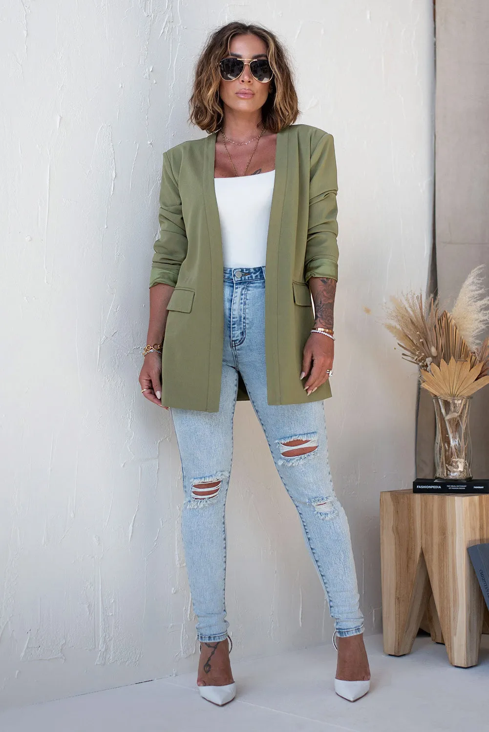 Green Open Front Flap Detail Blazer