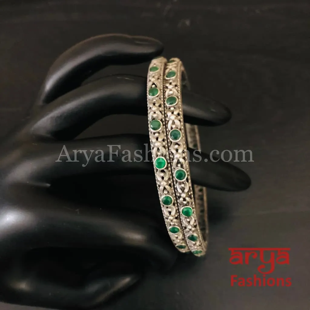 Green Silver Oxidized Bangles with emerald green stones, Pair of 2 Bangles