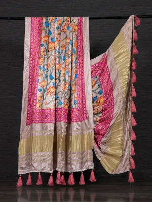 Grey Color Digital Floral Printed Pure Gaji silk Dupatta