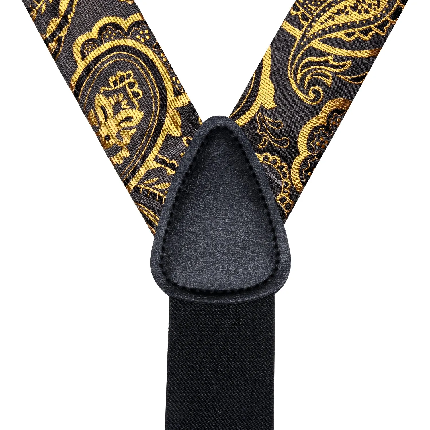 Hi-Tie Black Golden Paisley Suspender Bowtie Pocket Square Cufflinks Set