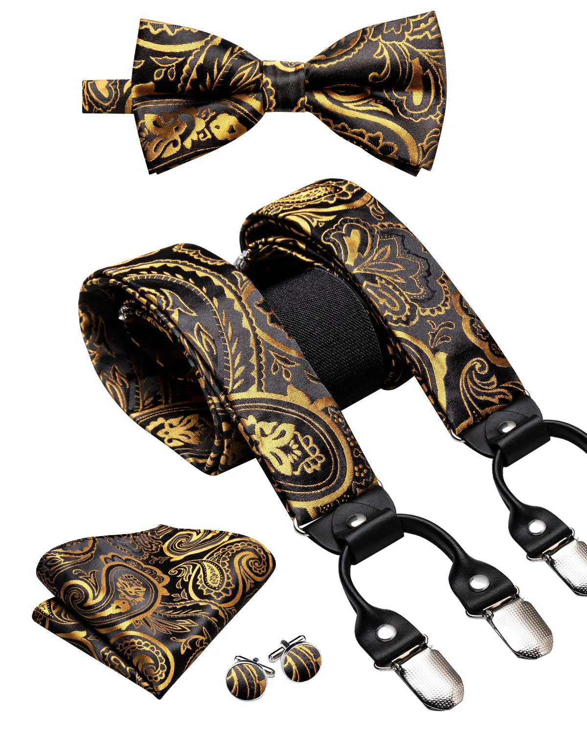 Hi-Tie Black Golden Paisley Suspender Bowtie Pocket Square Cufflinks Set