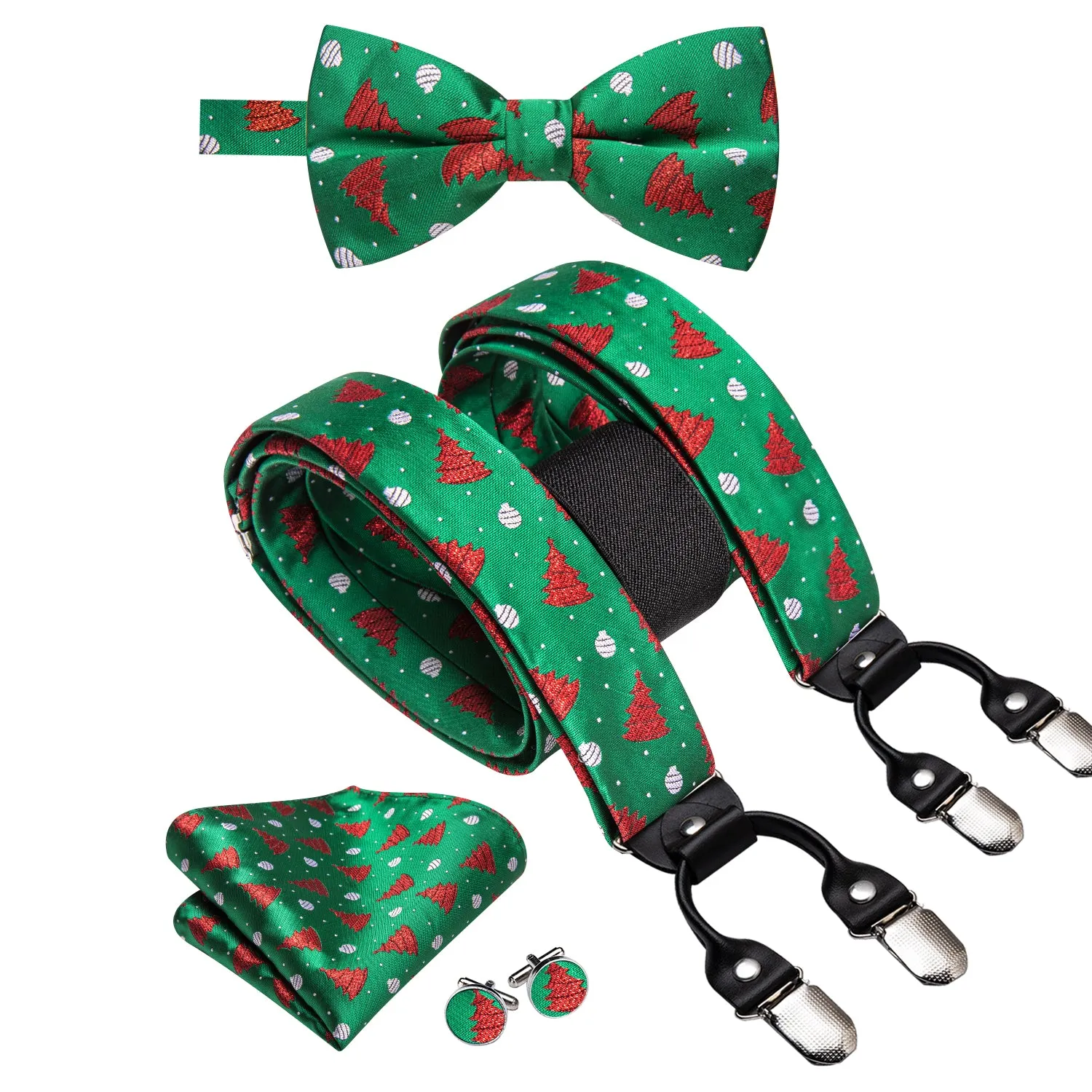 Hi-Tie Green Red Christmas Tree Suspender Bowtie Hanky Cufflinks Set