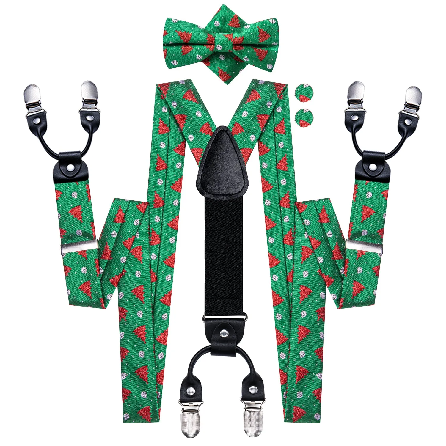 Hi-Tie Green Red Christmas Tree Suspender Bowtie Hanky Cufflinks Set