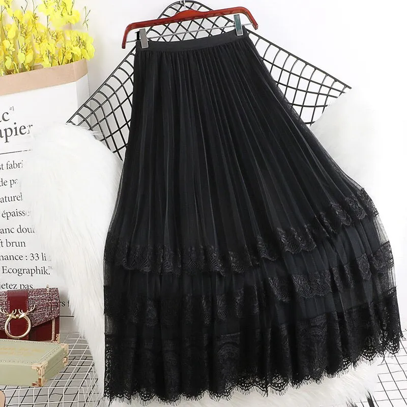 High-Waist Sheer Tulle Midi Skirts with Elegant Laces