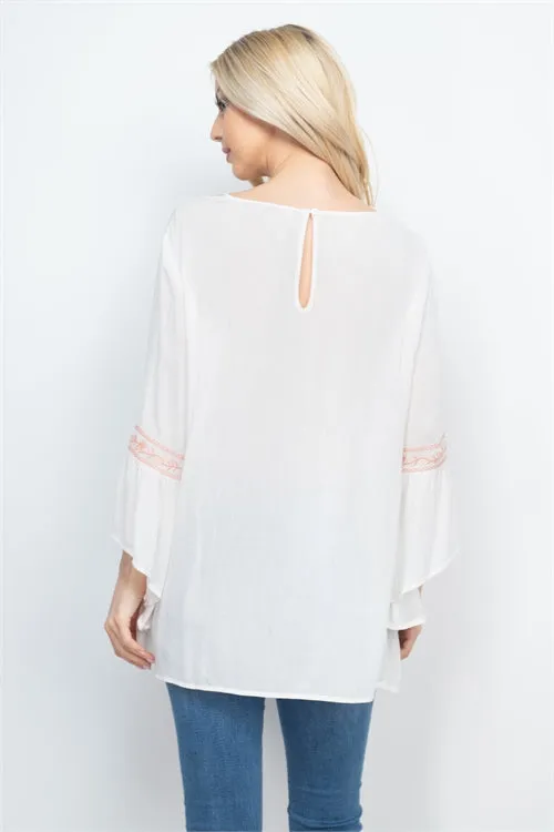 Ivory Embroidered Bell Sleeve Boho Top