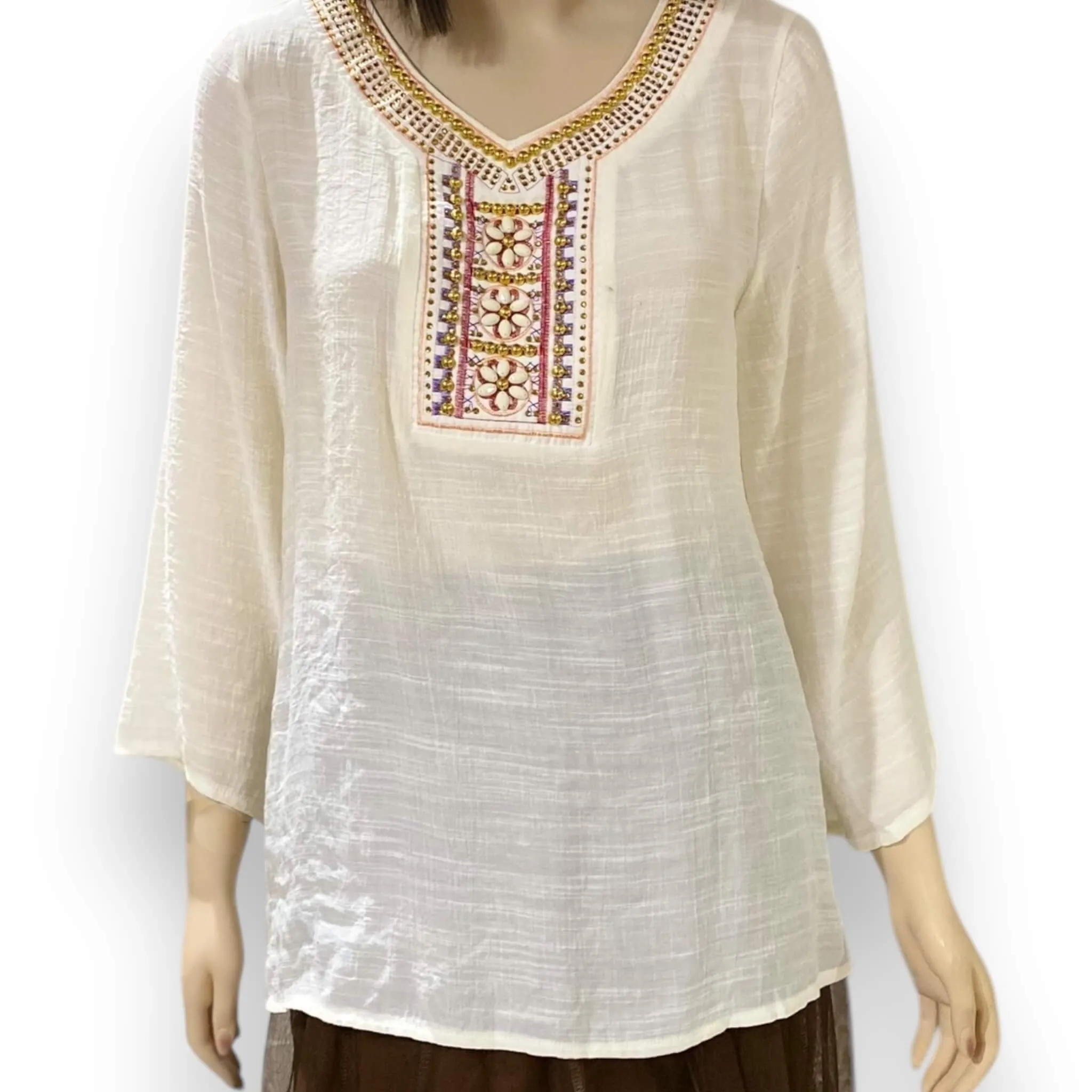 Ivory Embroidery Sequin V-Neck Bell Sleeve Western Top