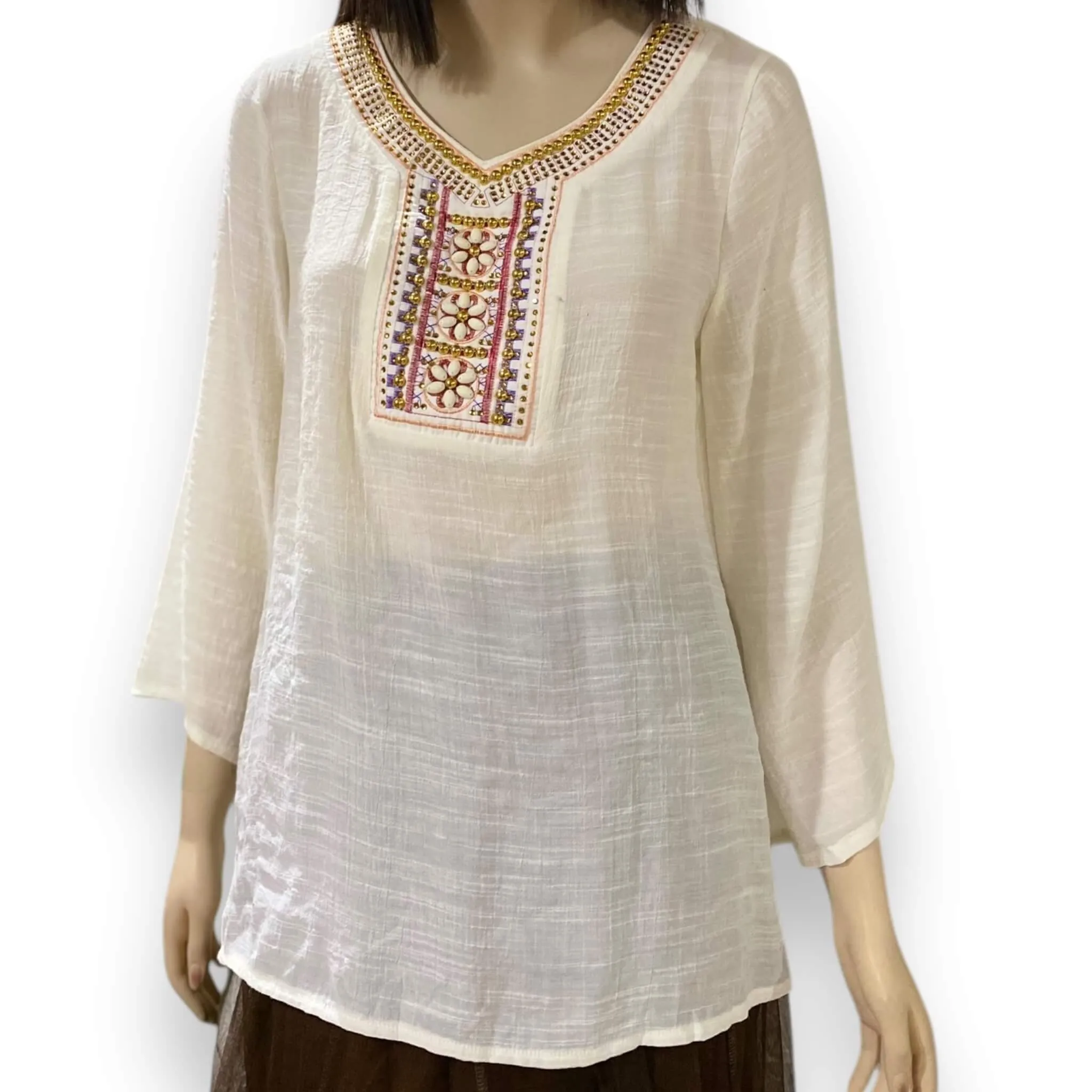 Ivory Embroidery Sequin V-Neck Bell Sleeve Western Top