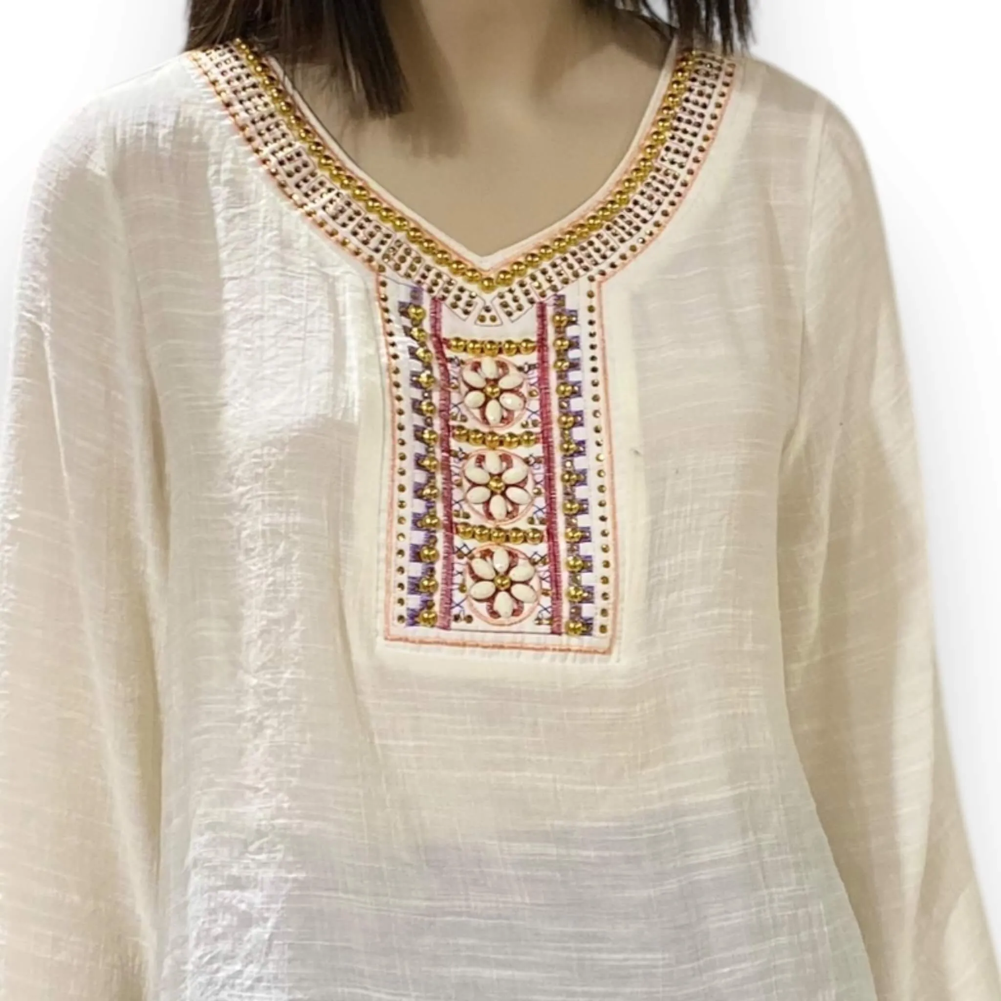 Ivory Embroidery Sequin V-Neck Bell Sleeve Western Top