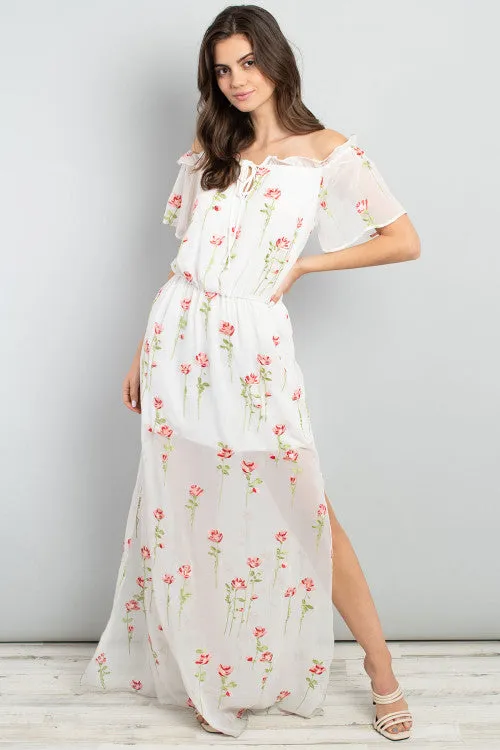 Ivory Floral Cold Shoulder Maxi Dress