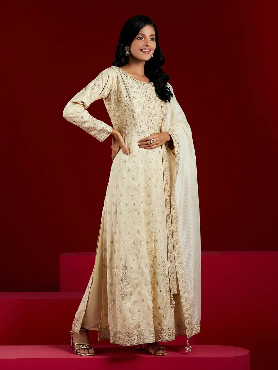 Jashvi Art Beige Embroidered Silk A-Line Kurta With Trousers & Dupatta