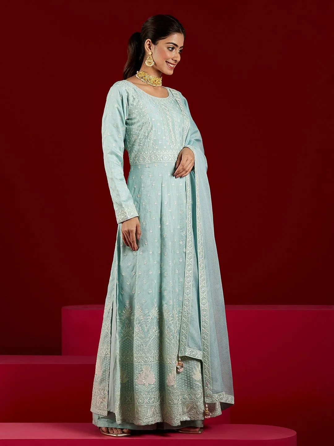 Jashvi Art Dusty Green Embroidered Silk A-Line Kurta With Palazzos & Dupatta