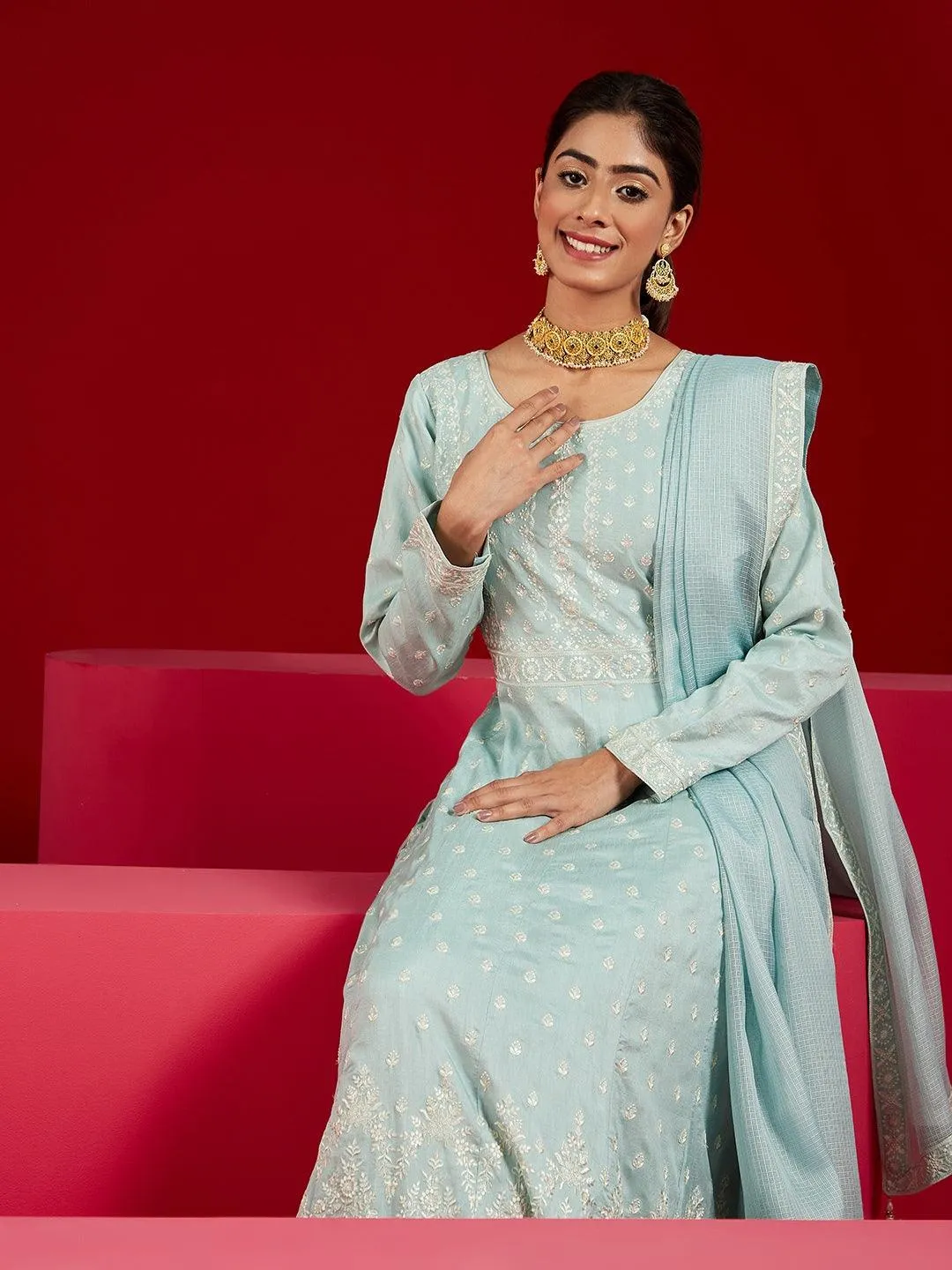 Jashvi Art Dusty Green Embroidered Silk A-Line Kurta With Palazzos & Dupatta