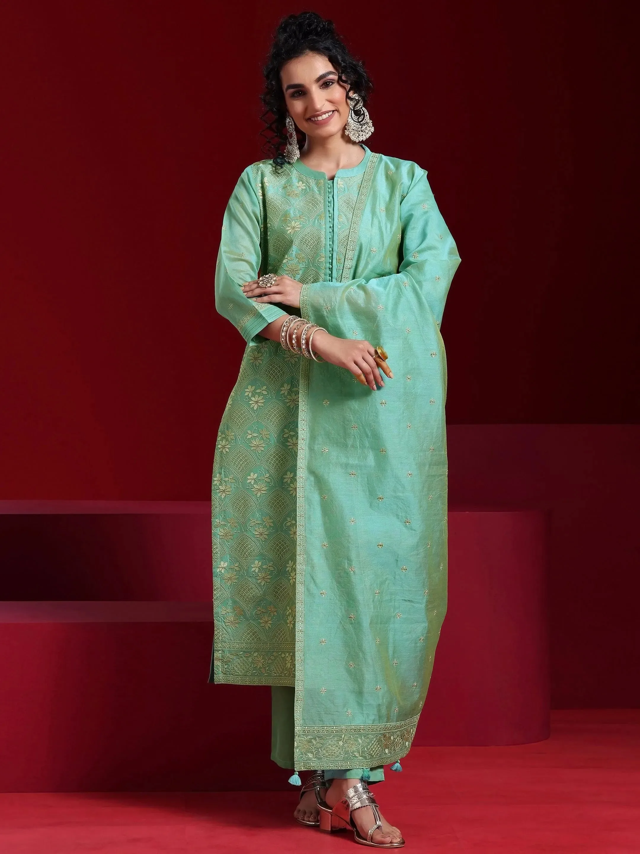 Jashvi Art Green Embroidered Chanderi Silk Straight Suit With Dupatta