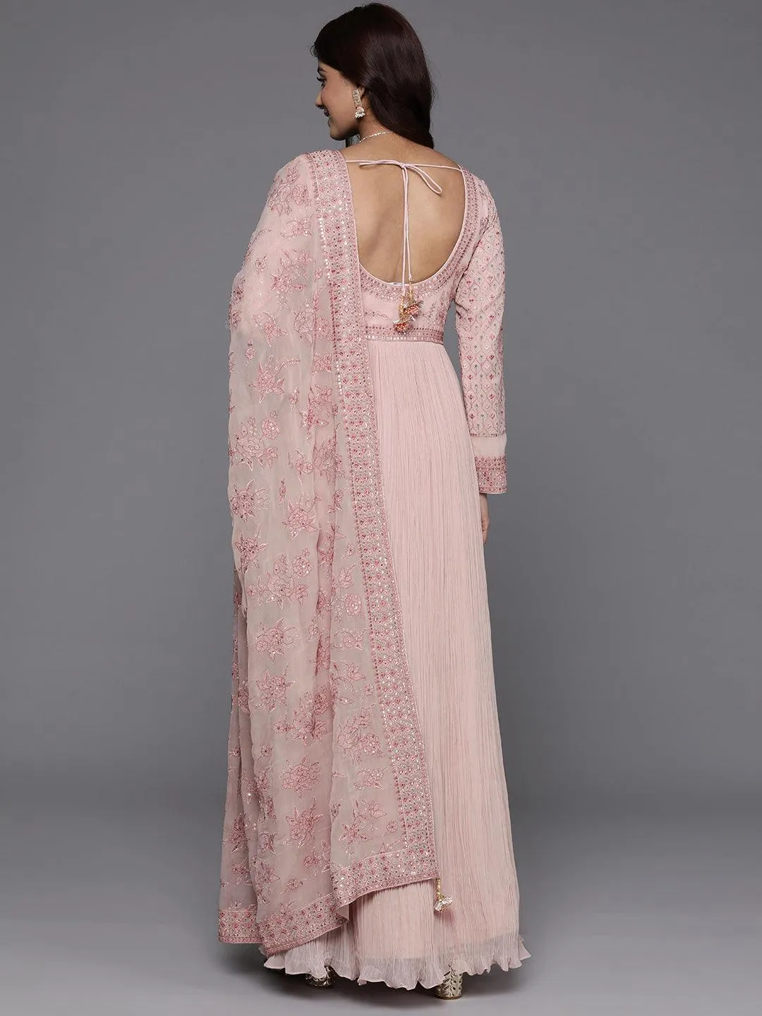 Jashvi Art Peach Embroidered Georgette Anarkali Suit With Dupatta