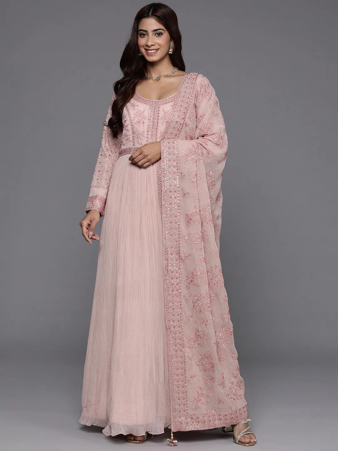 Jashvi Art Peach Embroidered Georgette Anarkali Suit With Dupatta