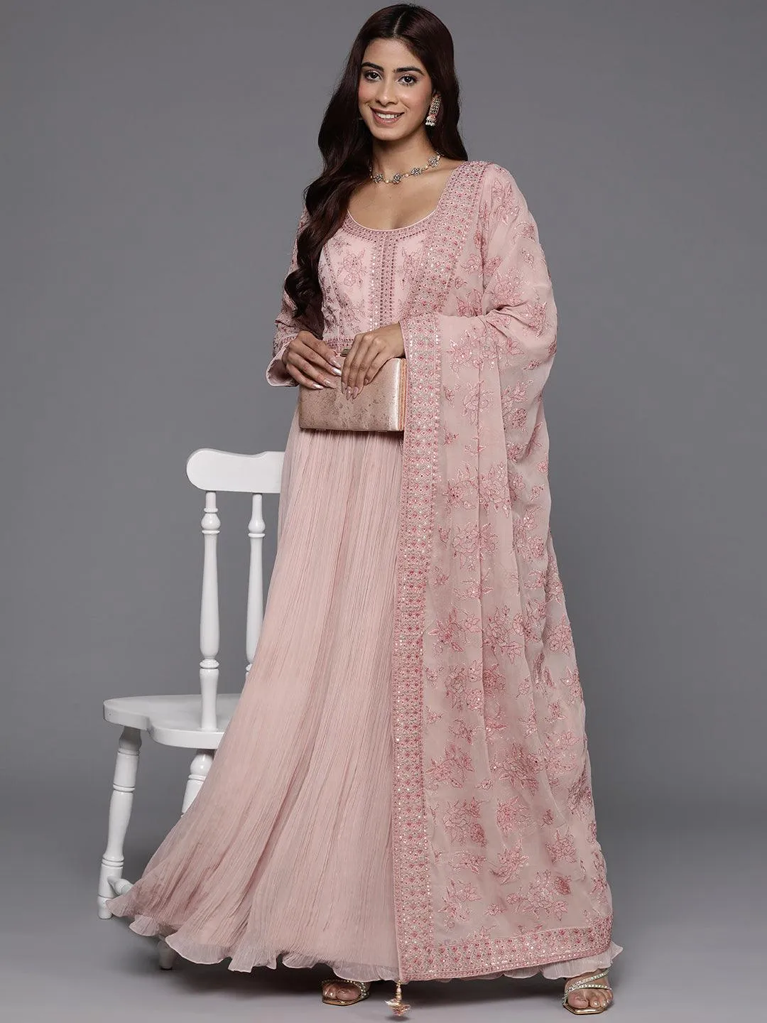 Jashvi Art Peach Embroidered Georgette Anarkali Suit With Dupatta