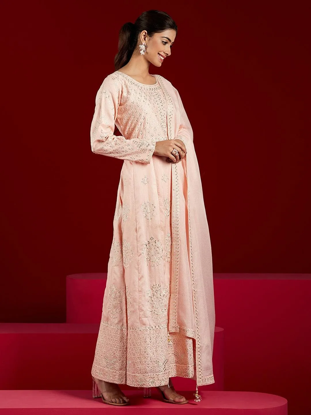 Jashvi Art Peach Embroidered Silk A-Line Kurta With Trousers & Dupatta