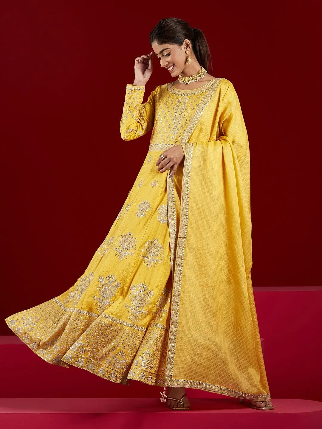 Jashvi Art Yellow Embroidered Silk A-Line Kurta With Trousers & Dupatta