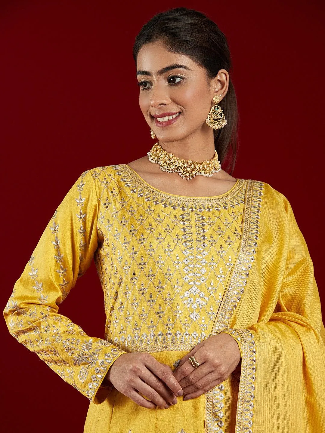 Jashvi Art Yellow Embroidered Silk A-Line Kurta With Trousers & Dupatta