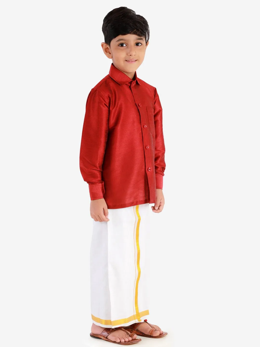 Jashvi Boys Maroon & White Shirt with Dhoti Pants