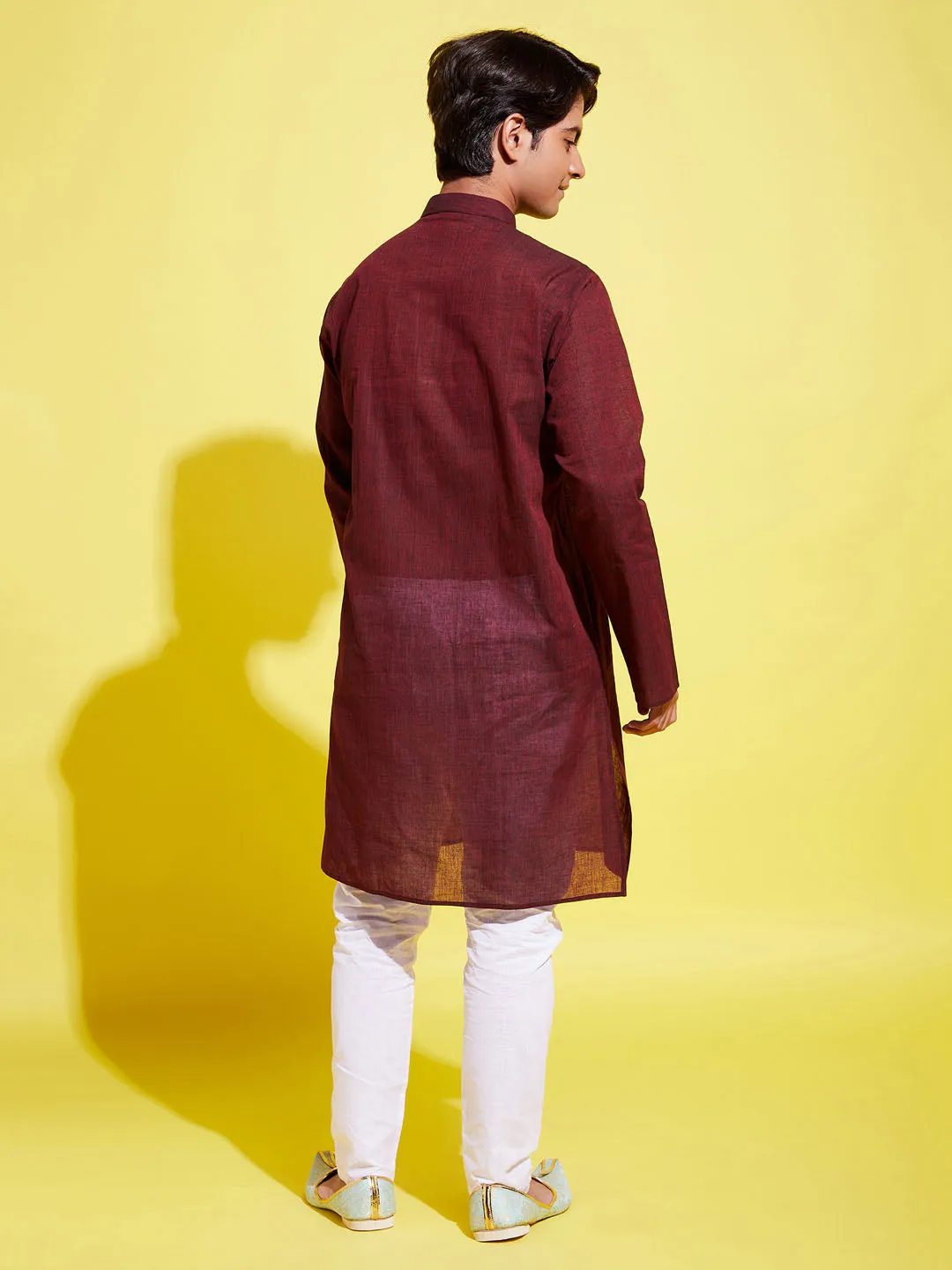 Jashvi Boys Maroon Cotton Kurta and Pyjama Set