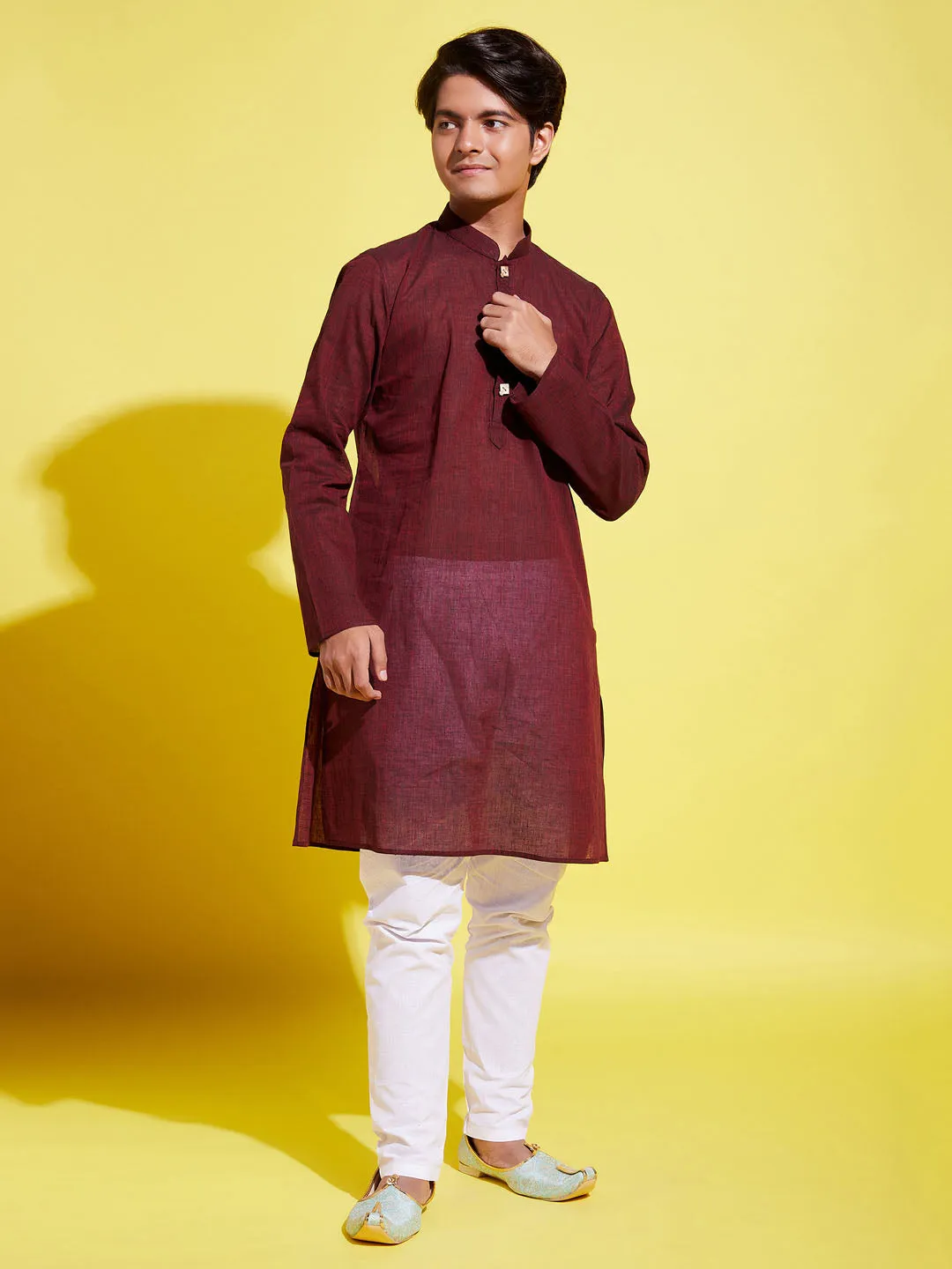 Jashvi Boys Maroon Cotton Kurta and Pyjama Set