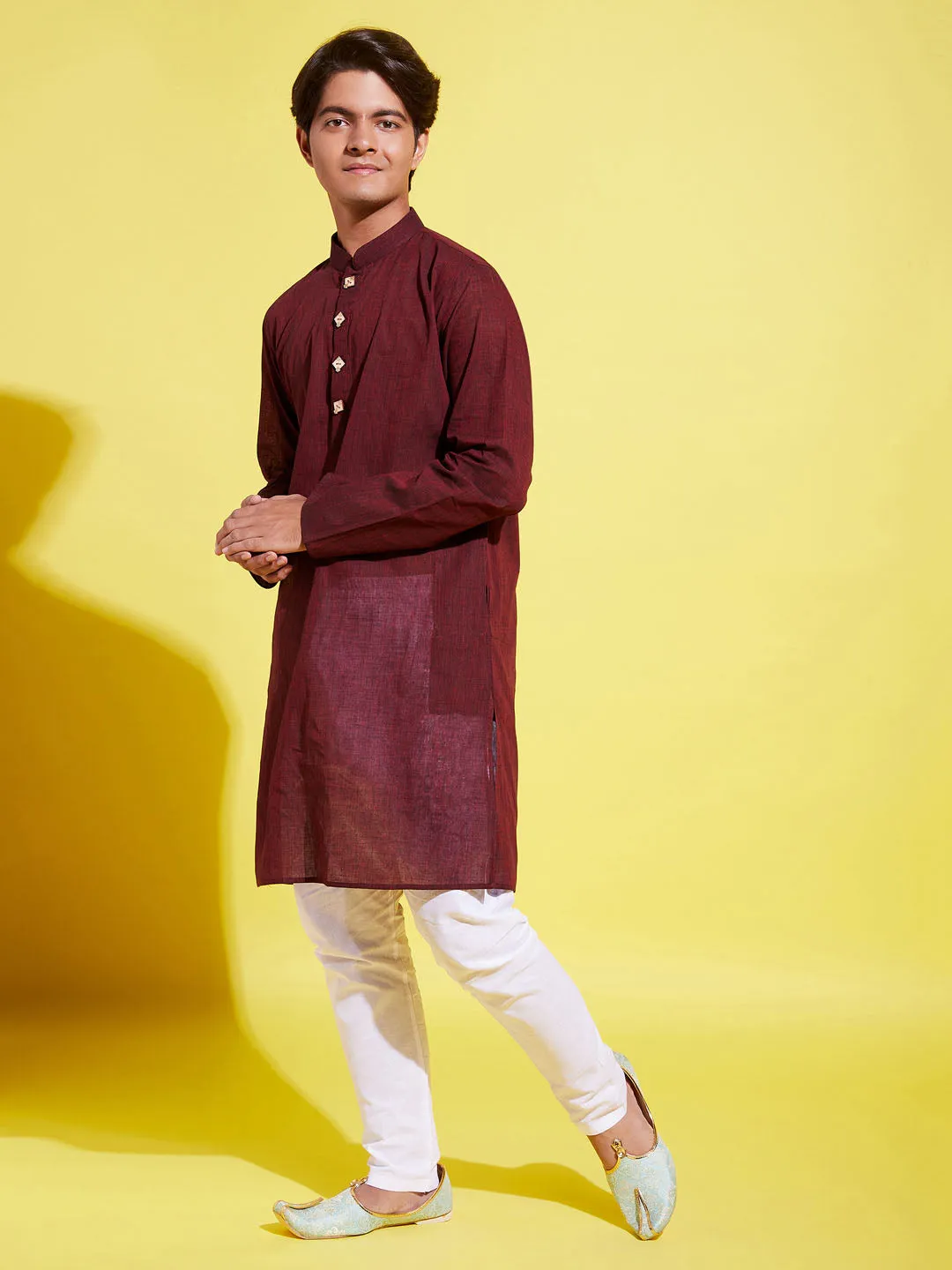 Jashvi Boys Maroon Cotton Kurta and Pyjama Set