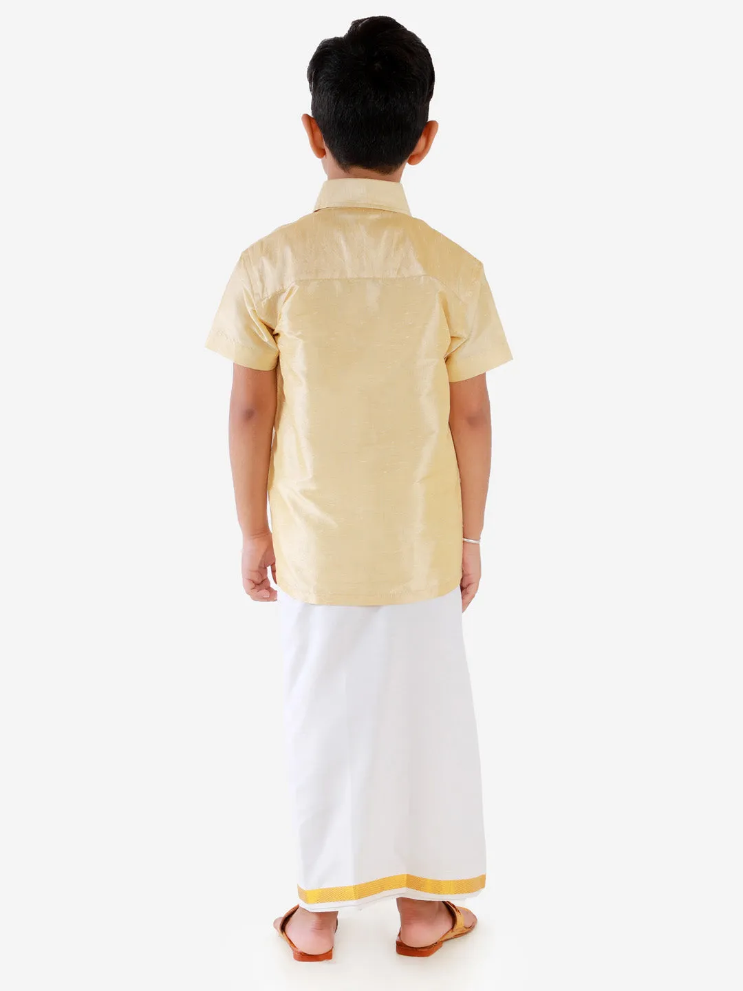 Jashvi Boys' Parmesan Silk Short Sleeves Ethnic Shirt Mundu Vesty Style Dhoti Pant Set