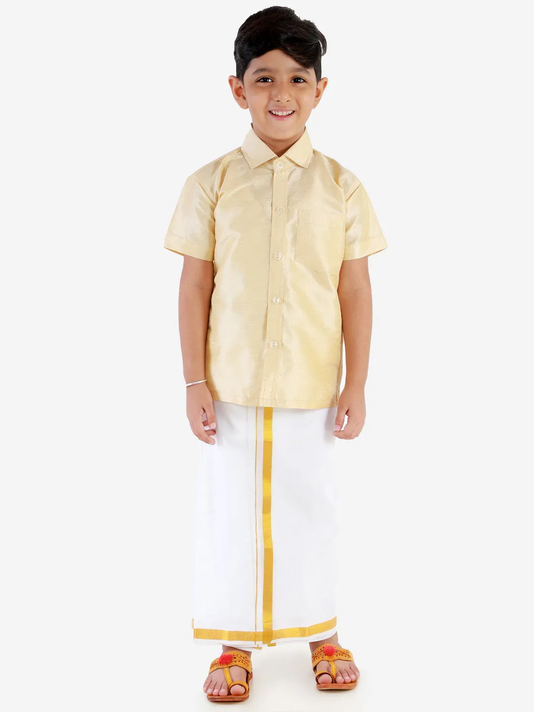 Jashvi Boys' Parmesan Silk Short Sleeves Ethnic Shirt Mundu Vesty Style Dhoti Pant Set