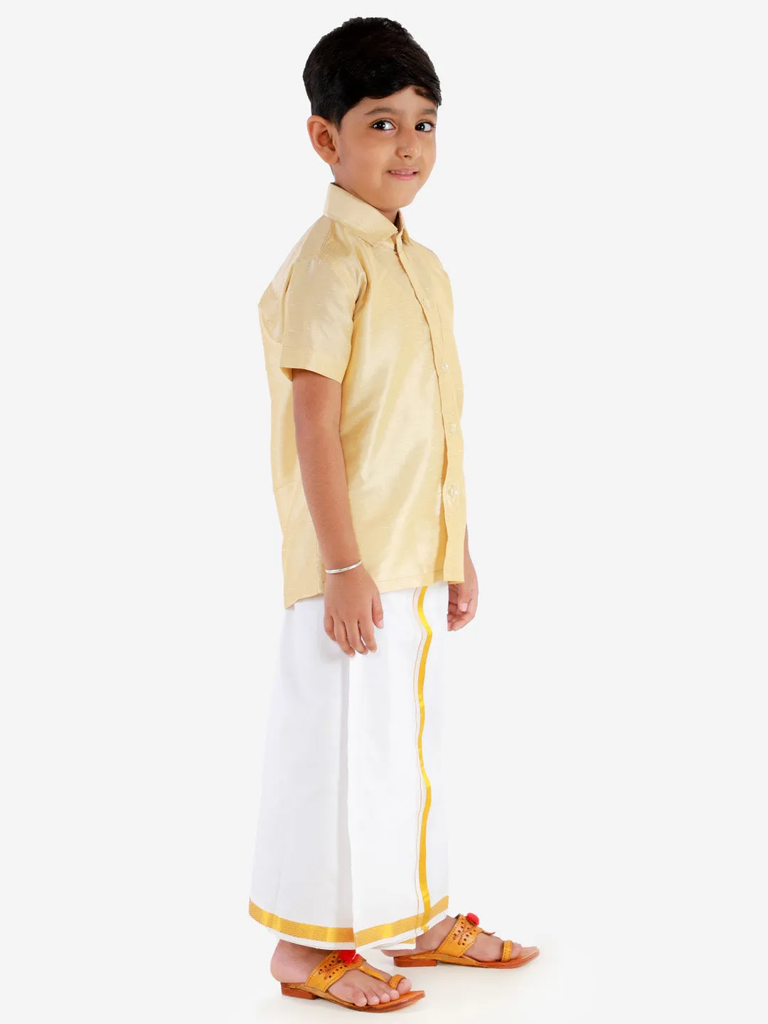 Jashvi Boys' Parmesan Silk Short Sleeves Ethnic Shirt Mundu Vesty Style Dhoti Pant Set