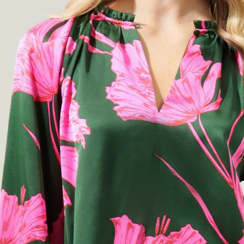 Jovie Floral Split Neck Satin Raglan Blouse