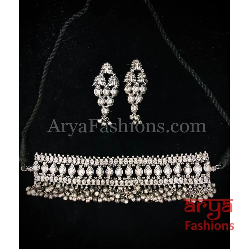 Kalbeliya theme Silver Oxidized Tribal Choker Necklace set