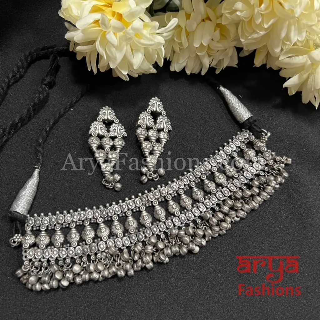 Kalbeliya theme Silver Oxidized Tribal Choker Necklace set