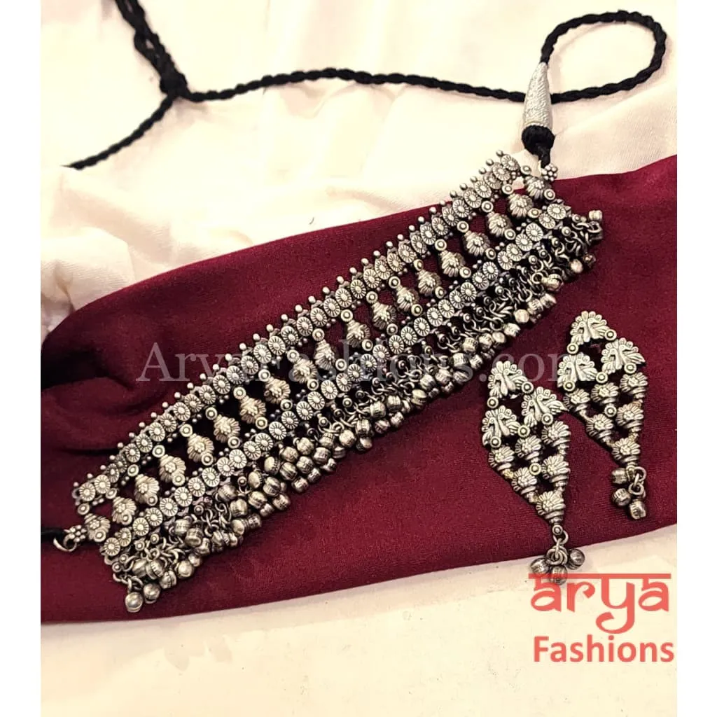 Kalbeliya theme Silver Oxidized Tribal Choker Necklace set