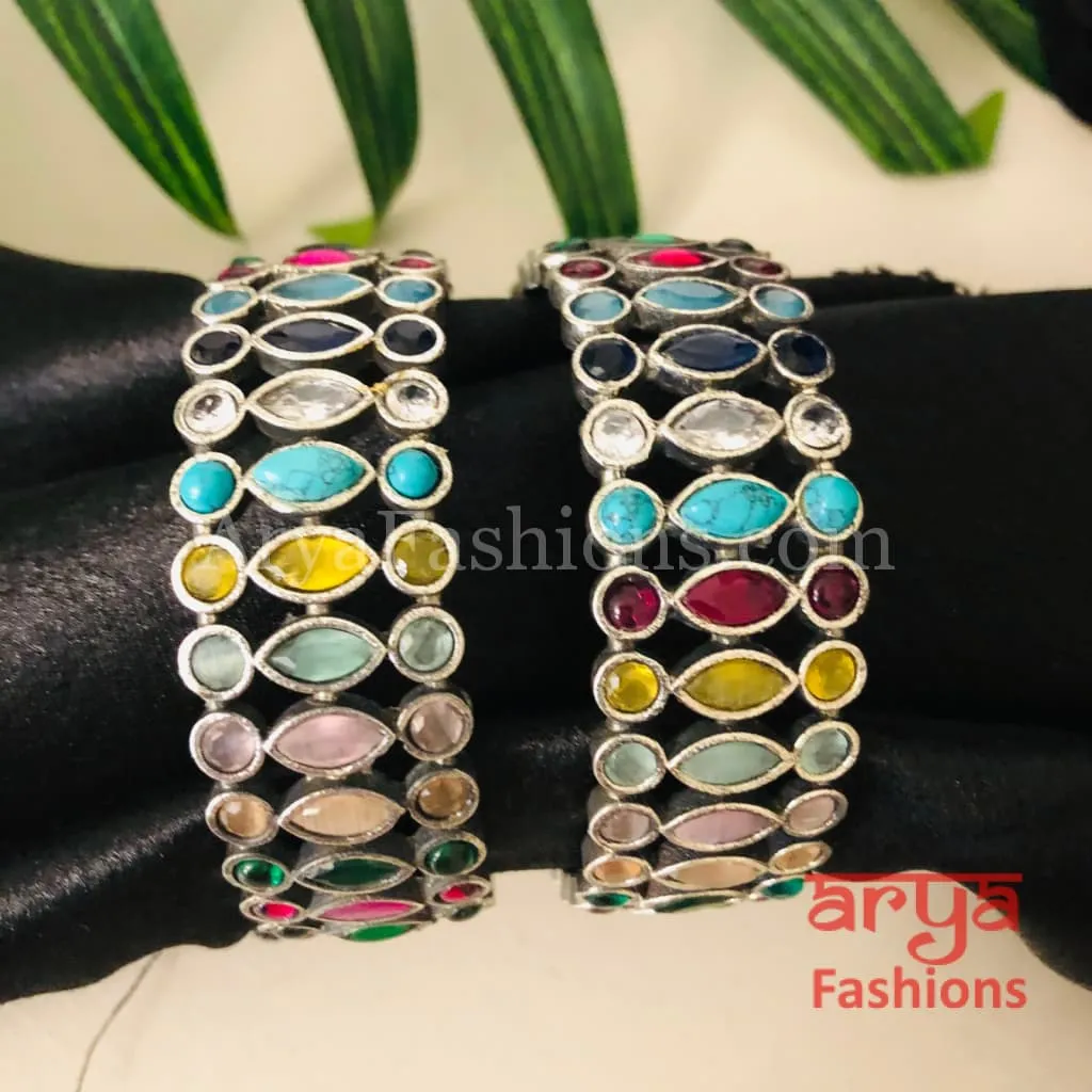 Kashvi Silver Oxidized Bracelet Bangles with Multicolor Stones