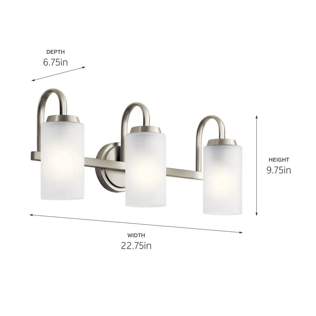 Kennewick 23 In 3-Lights Bathroom Vanity Light With Clear Satin Etched Glass, Brushed Nickel Finish