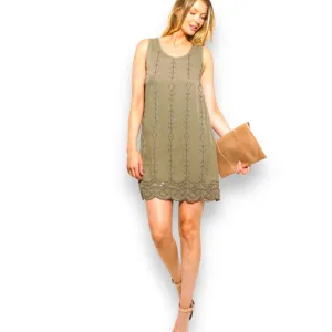 Khaki Green Sleeveless Embroidered Slip Dress