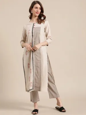 KSUT Women Beige Printed Regular Straight Kurta with Trousers