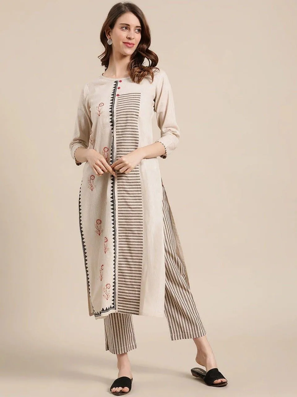 KSUT Women Beige Printed Regular Straight Kurta with Trousers