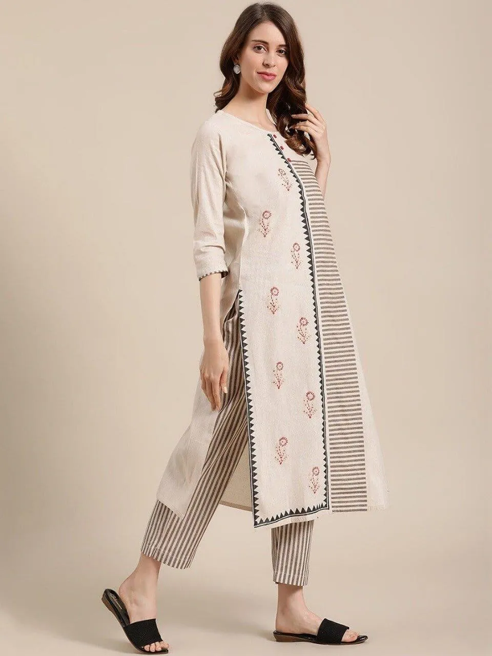 KSUT Women Beige Printed Regular Straight Kurta with Trousers