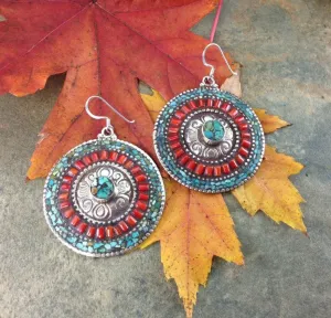 Large Traditional Tibetan Turquoise Coral Earrings