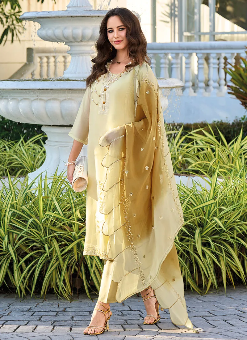 Light Yellow Sequence Embroidery Pakistani Style Pant Suit