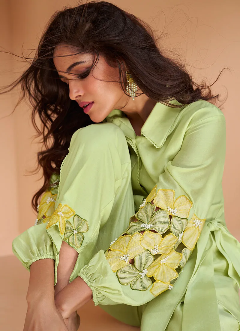 Lime Green Floral Print And Handwork Embellished Co-Ord Set