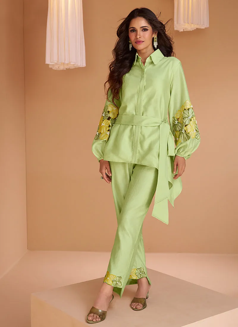 Lime Green Floral Print And Handwork Embellished Co-Ord Set