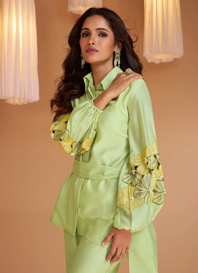 Lime Green Floral Print And Handwork Embellished Co-Ord Set