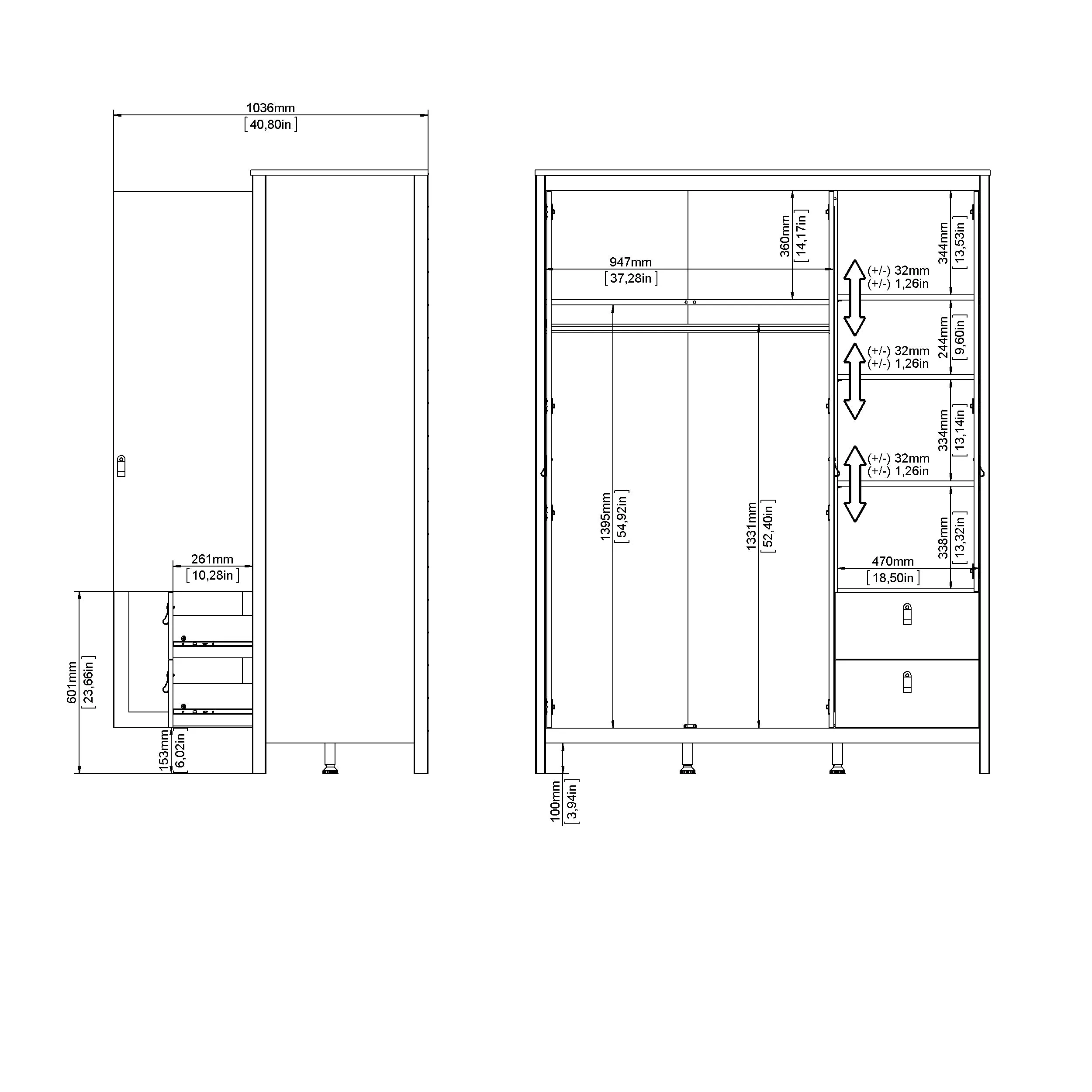 Madrid Wardrobe with 2 plain doors 1 mirror door and 2 drawers - White