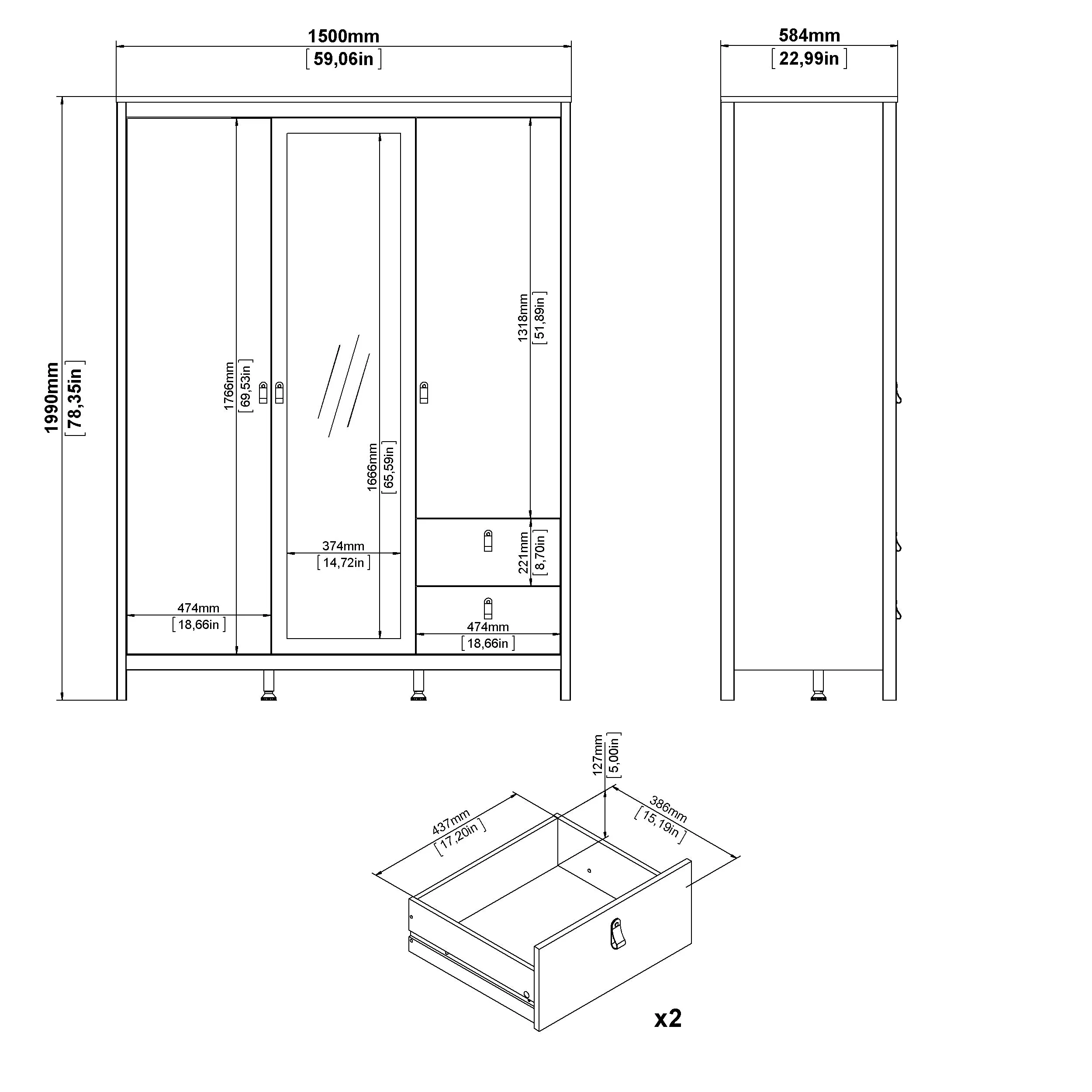 Madrid Wardrobe with 2 plain doors 1 mirror door and 2 drawers - White